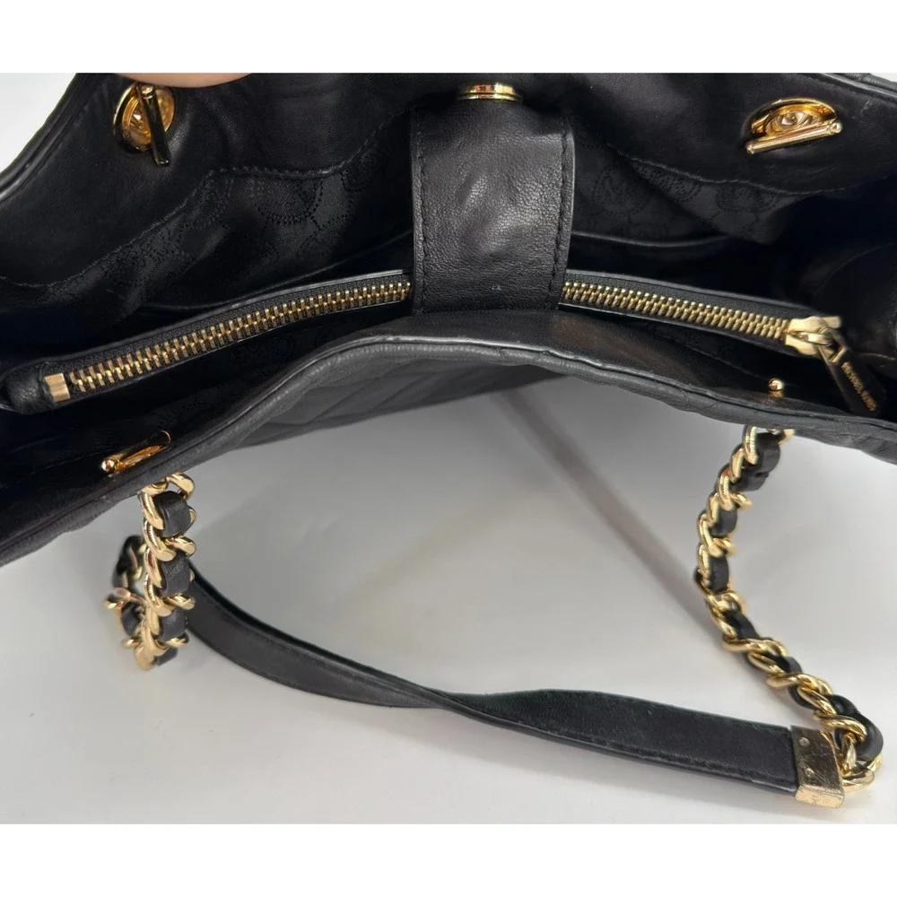 MICHAEL KORS Black Quilted Leather Shoulder Bag Purse Gold Chain Strap 13.5